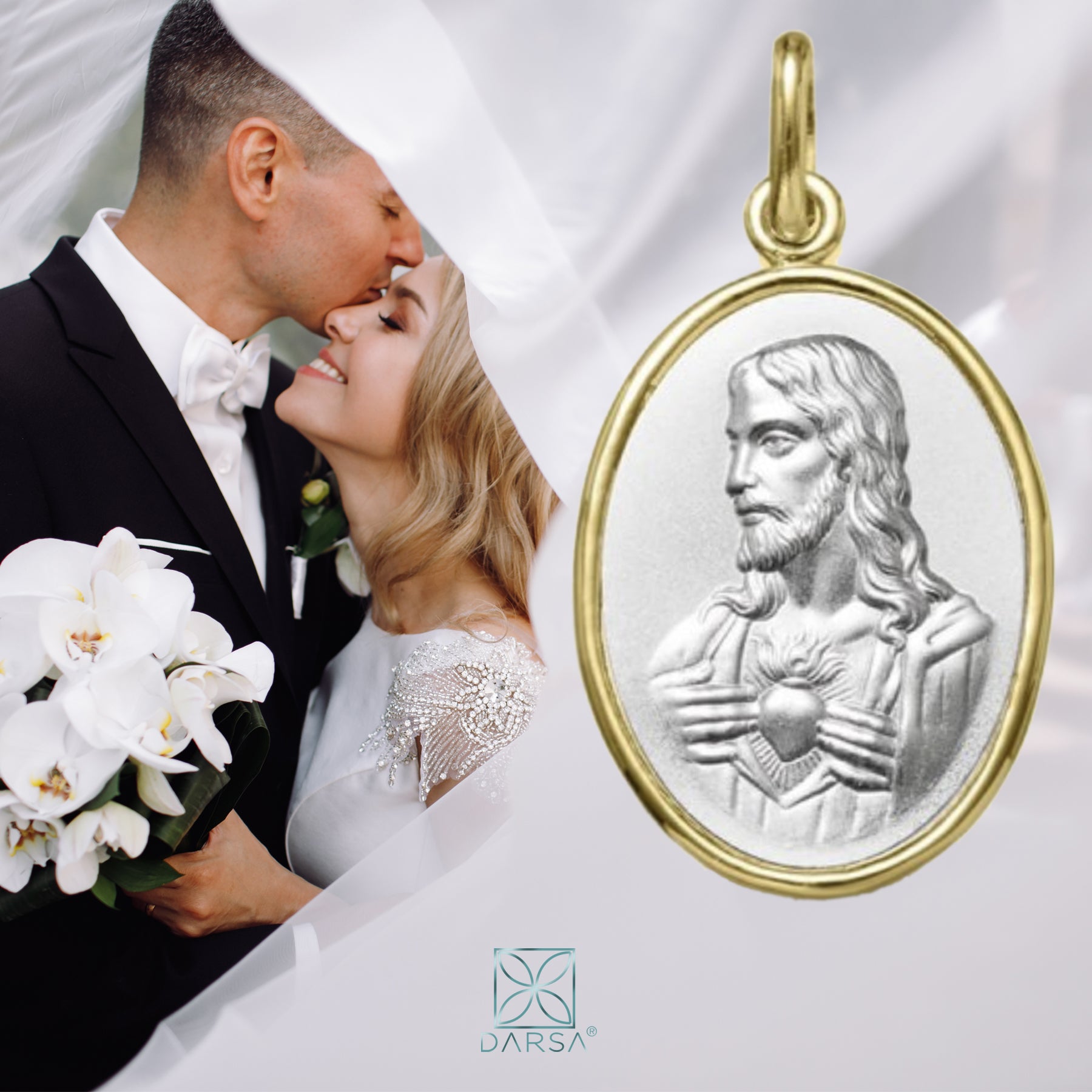 Escapulario Virgen de Guadalupe / Sagrado Corazón Oval con bisel en oro bitono 14kt (14/1291620)