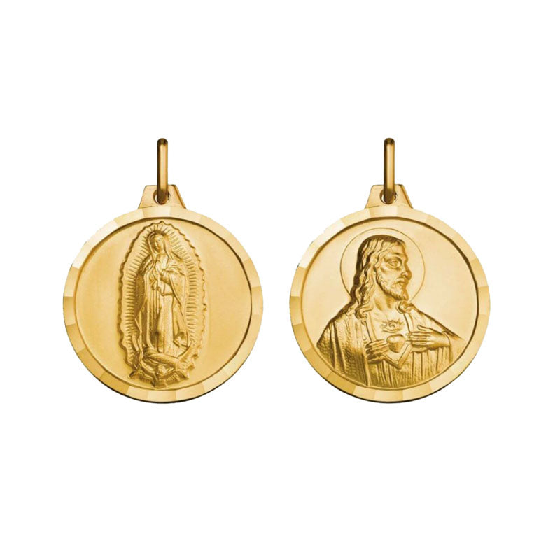 Escapulario Virgen de Guadalupe / Sagrado Corazón redonda con bisel  en oro de 14 k  (14/1000607)