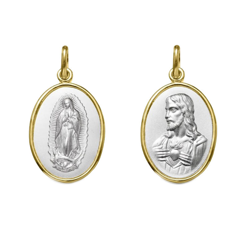 Escapulario Virgen de Guadalupe / Sagrado Corazón Oval con bisel en oro bitono 14kt (14/1291620)