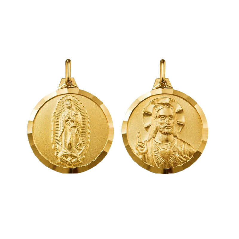 Escapulario Virgen de Guadalupe / Sagrado Corazón redonda con bisel en oro de 14k (14/1000614)