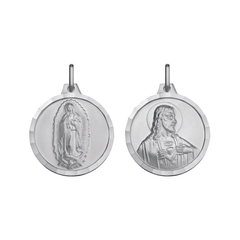 Escapulario Virgen de Guadalupe / Sagrado Corazón Redonda con bisel Plata .925  (AG/1000607)